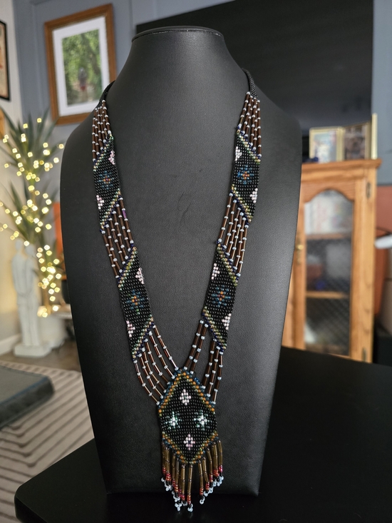 Handmade Jewelry - Handcrafted Beaded Fringe Necklace - Black and Brown